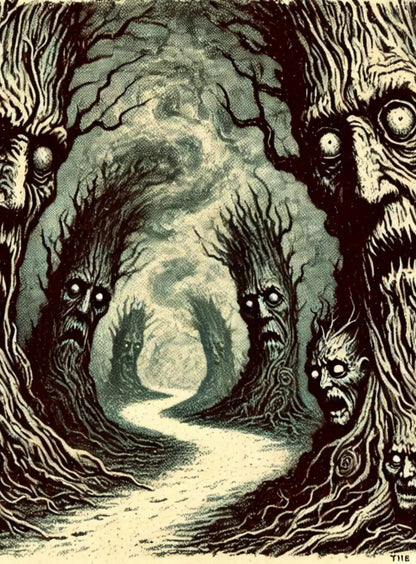 Gruseliger, verwunschener Wald mit verworrenen Bäumen, deren Stämme an verzerrte menschliche Gesichter erinnern – düstere Atmosphäre und albtraumhafte Stimmung.