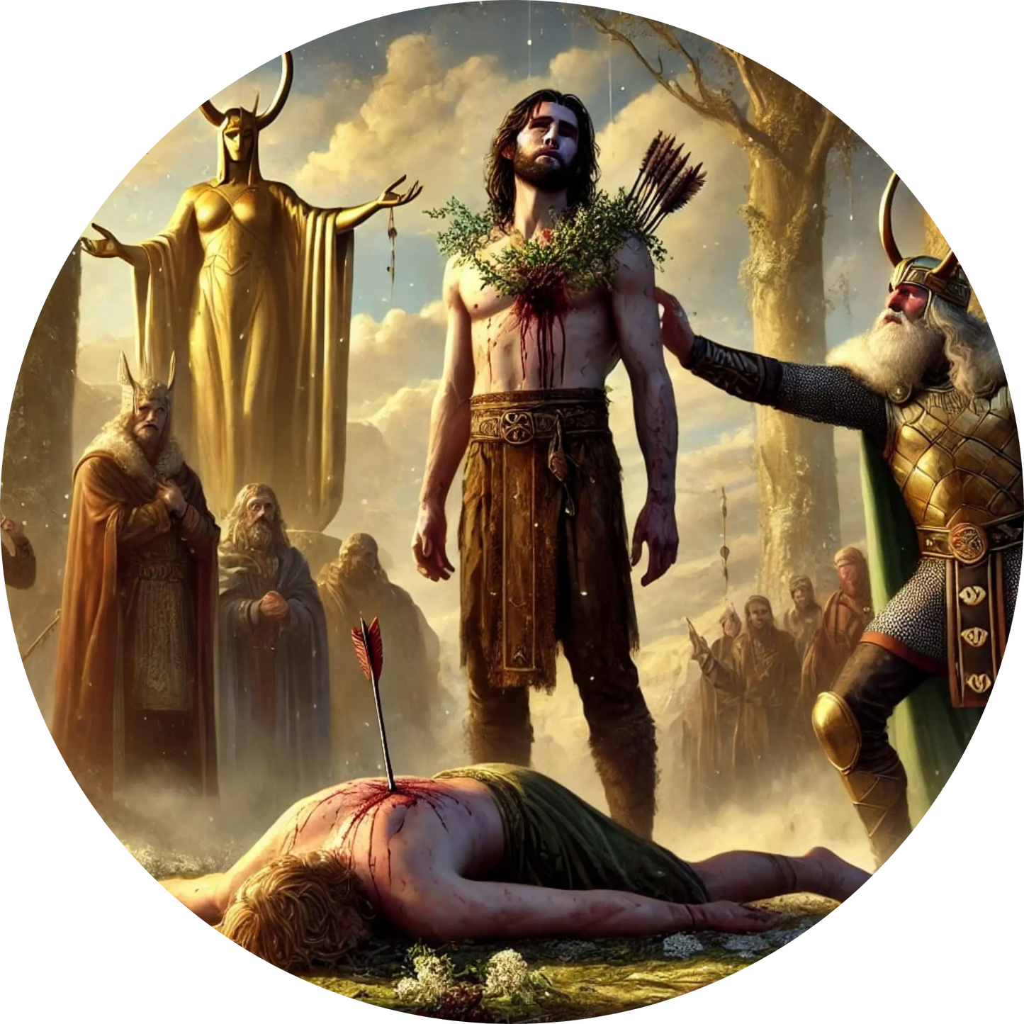 Der tote Balder liegt mit einem Pfeil in der Brust am Boden, während sein Bruder Hödur im Zentrum steht – blutverschmiert und erschüttert. Odin und weitere Götterfiguren blicken betroffen, im Hintergrund thront eine goldene Statue. Die Szenerie ist emotional und zeigt ein zentrales Ereignis der Göttersagen in mystischem Licht.