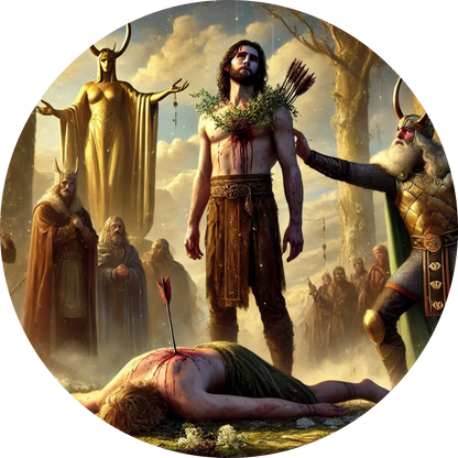 Der tote Balder liegt mit einem Pfeil in der Brust am Boden, während sein Bruder Hödur im Zentrum steht – blutverschmiert und erschüttert. Odin und weitere Götterfiguren blicken betroffen, im Hintergrund thront eine goldene Statue. Die Szenerie ist emotional und zeigt ein zentrales Ereignis der Göttersagen in mystischem Licht.