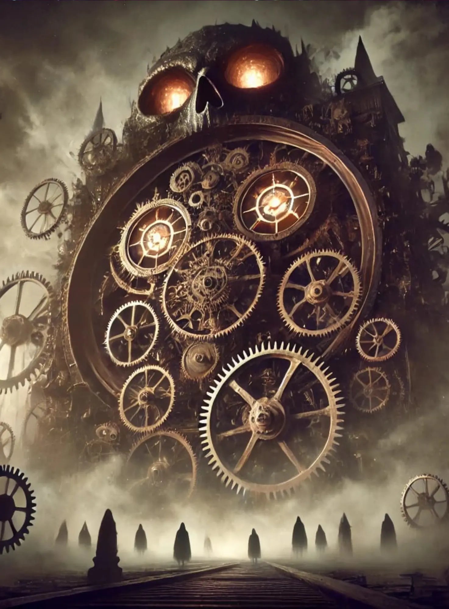 Höllenmaschine mit Zahnrädern und Augen
„Eine turmartige Konstruktion aus Zahnrädern, mit glühenden Augen – wie ein lebendig gewordener Alptraum.“