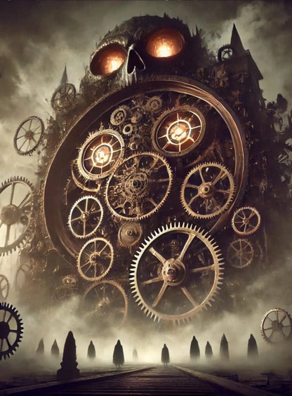 Höllenmaschine mit Zahnrädern und Augen
„Eine turmartige Konstruktion aus Zahnrädern, mit glühenden Augen – wie ein lebendig gewordener Alptraum.“