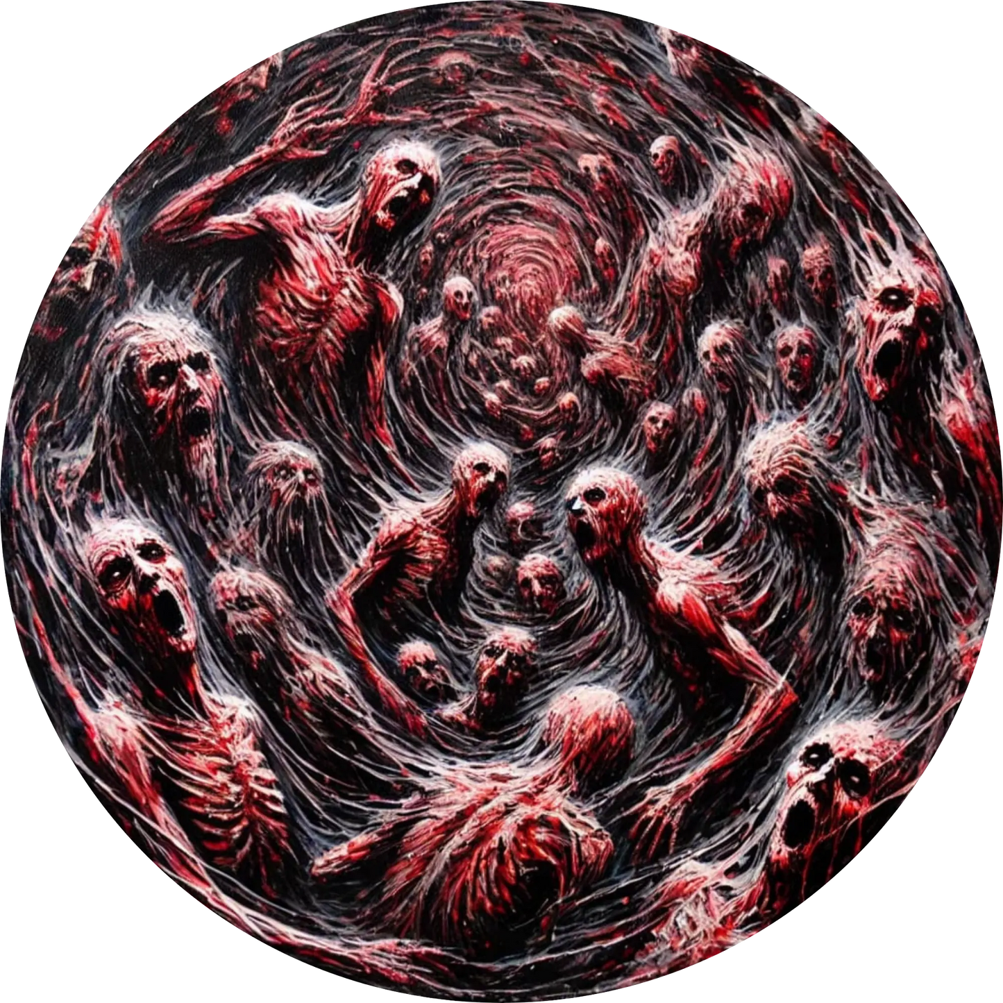 Höllenartiger Strudel aus Gesichtern und Händen, die aus organischer Masse ragen