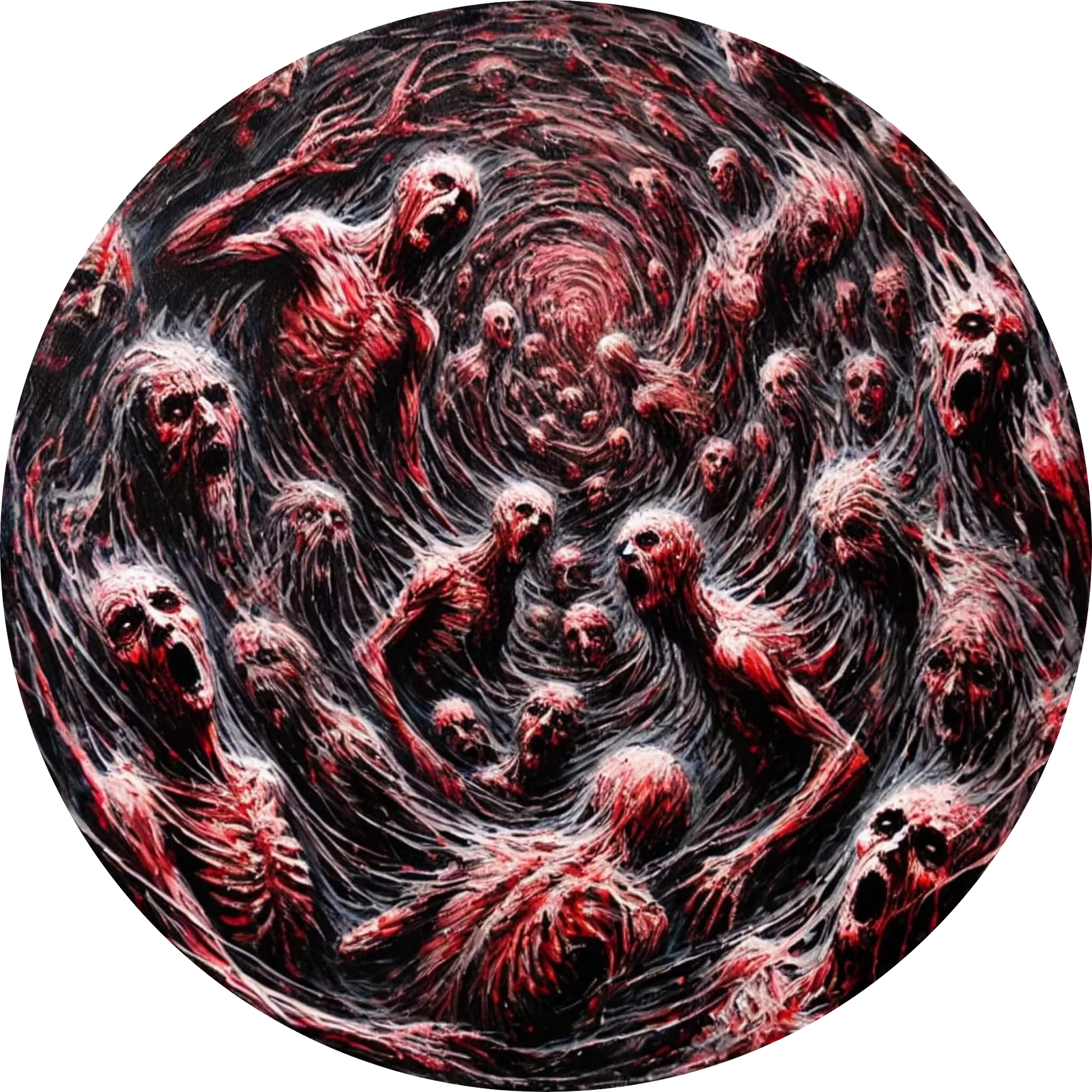 Höllenartiger Strudel aus Gesichtern und Händen, die aus organischer Masse ragen