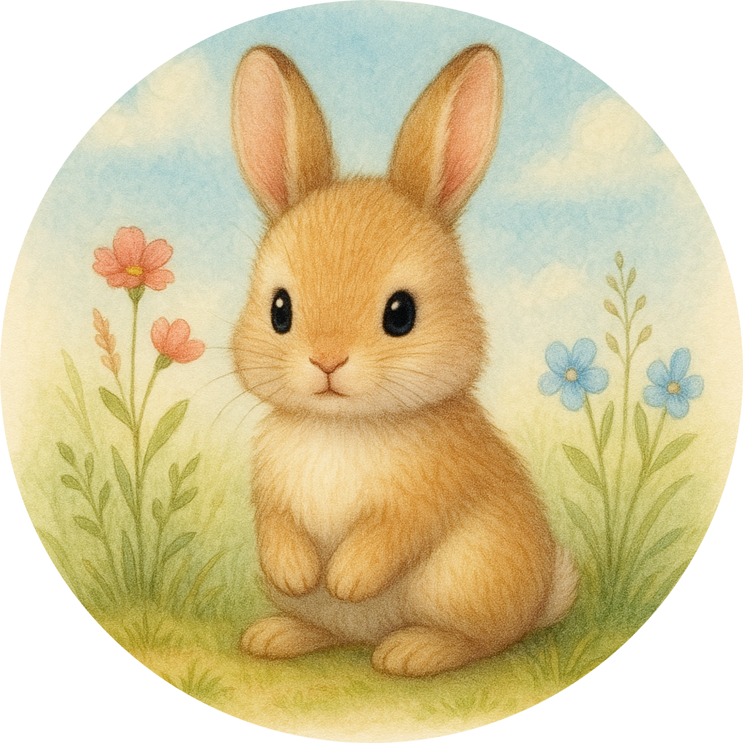 Helles Kaninchen mit langen Ohren, sitzt im Gras