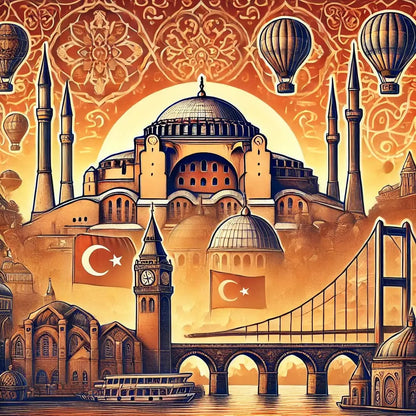 Orientalisches Motiv mit Hagia Sophia, Luftballons und goldenen Ornamenten – romantisches Istanbul-Design.