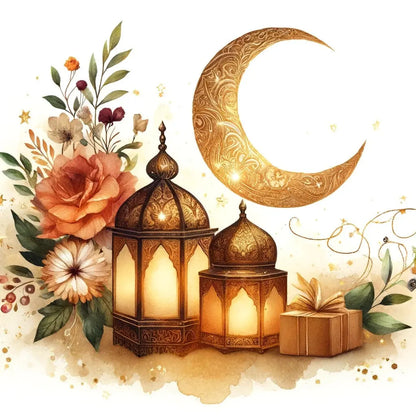 Islamische Laternen & Halbmond mit Blumen – Orientalisch gestaltetes Ramadan-Motiv mit goldenen Laternen, Halbmond und floralen Details auf hellem Hintergrund.