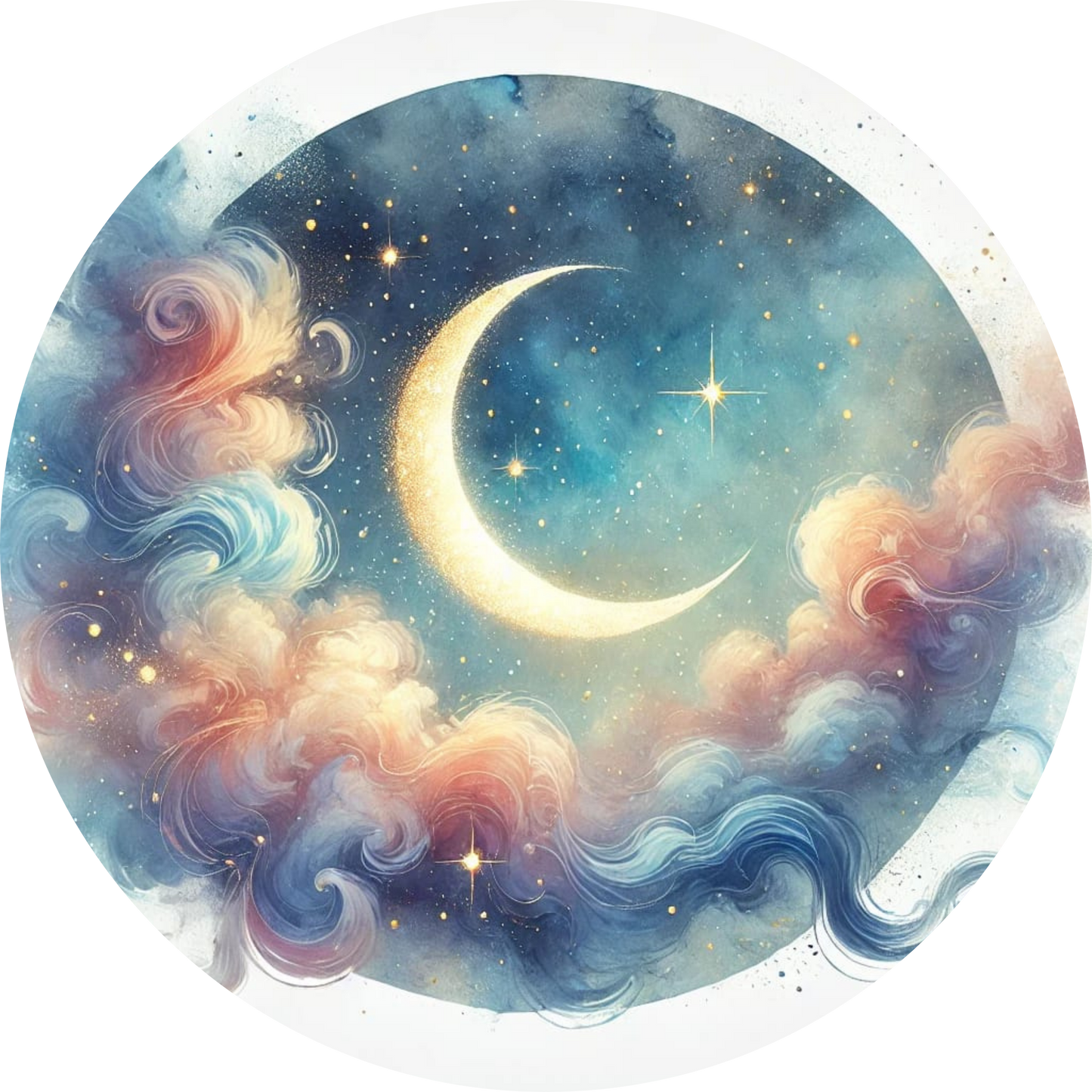 Traumhafte Darstellung eines Halbmonds in einer galaktischen Wolkenlandschaft