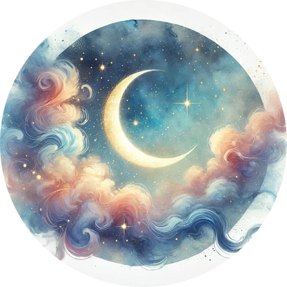 Traumhafte Darstellung eines Halbmonds in einer galaktischen Wolkenlandschaft