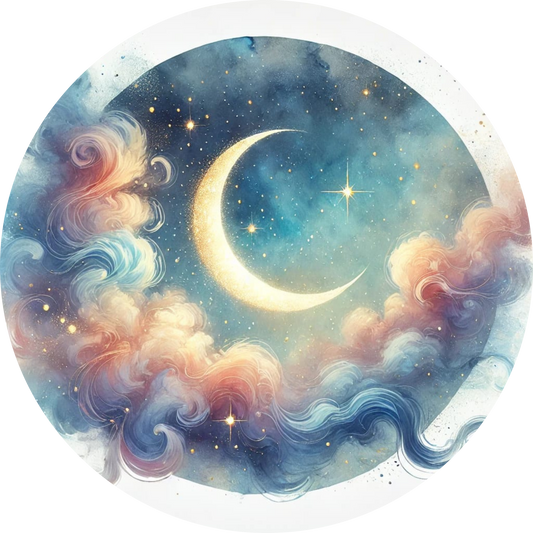 Traumhafte Darstellung eines Halbmonds in einer galaktischen Wolkenlandschaft