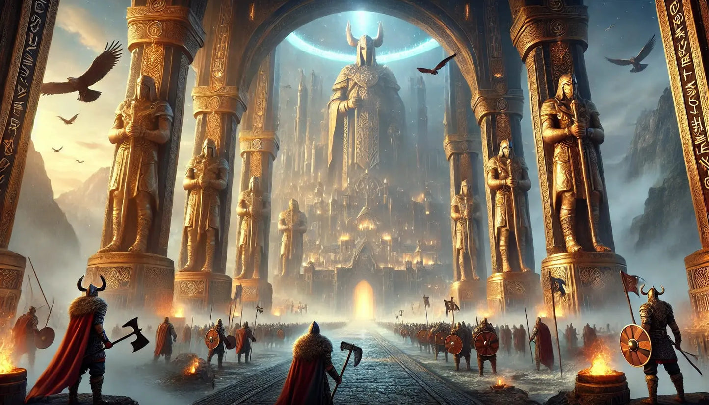 Monumentales Hallentor mit göttlichem Licht – stilvolle Darstellung einer mythologischen Schwelle zur Anderswelt.