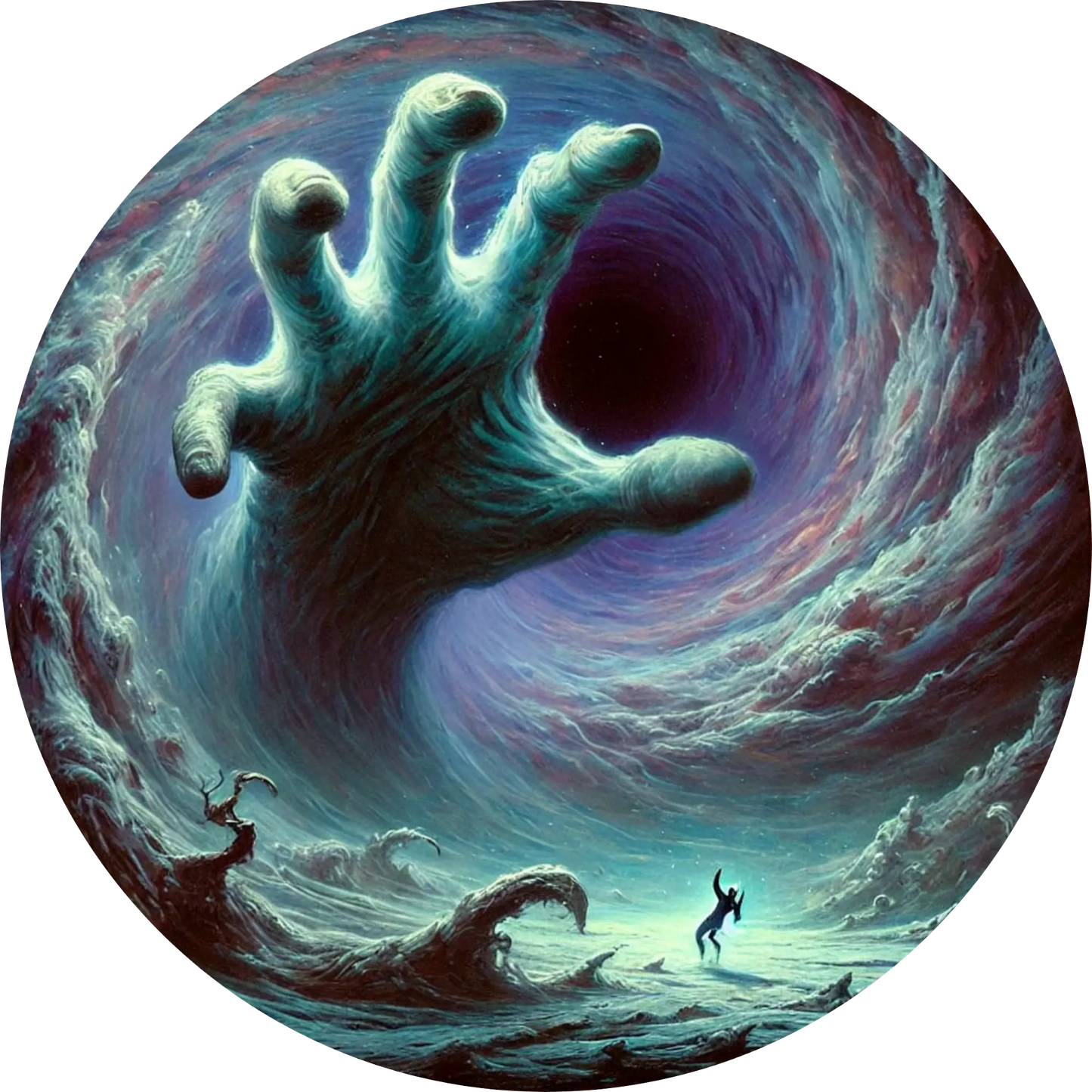 Riesige Hand greift aus düsterem Nebel auf eine verängstigte Person zu