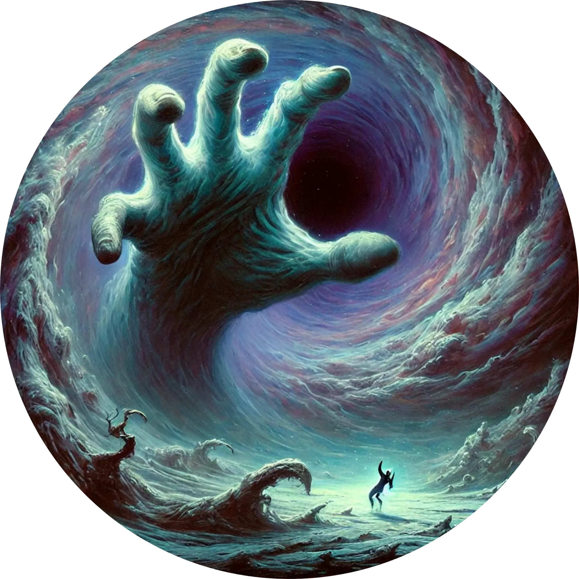 Riesige Hand greift aus düsterem Nebel auf eine verängstigte Person zu