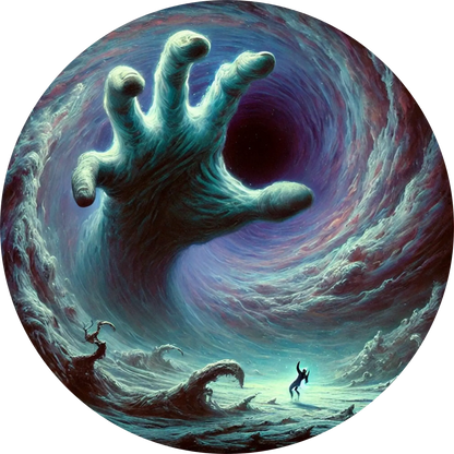 Riesige Hand greift aus düsterem Nebel auf eine verängstigte Person zu