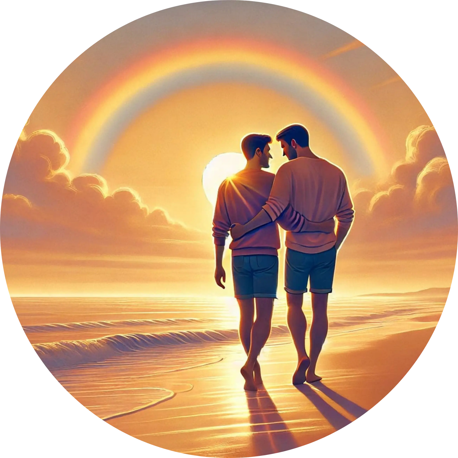 Zwei Männer Hand in Hand unter einem Regenbogen am Strand, Rückenansicht.