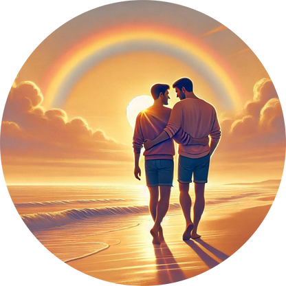 Zwei Männer Hand in Hand unter einem Regenbogen am Strand, Rückenansicht.