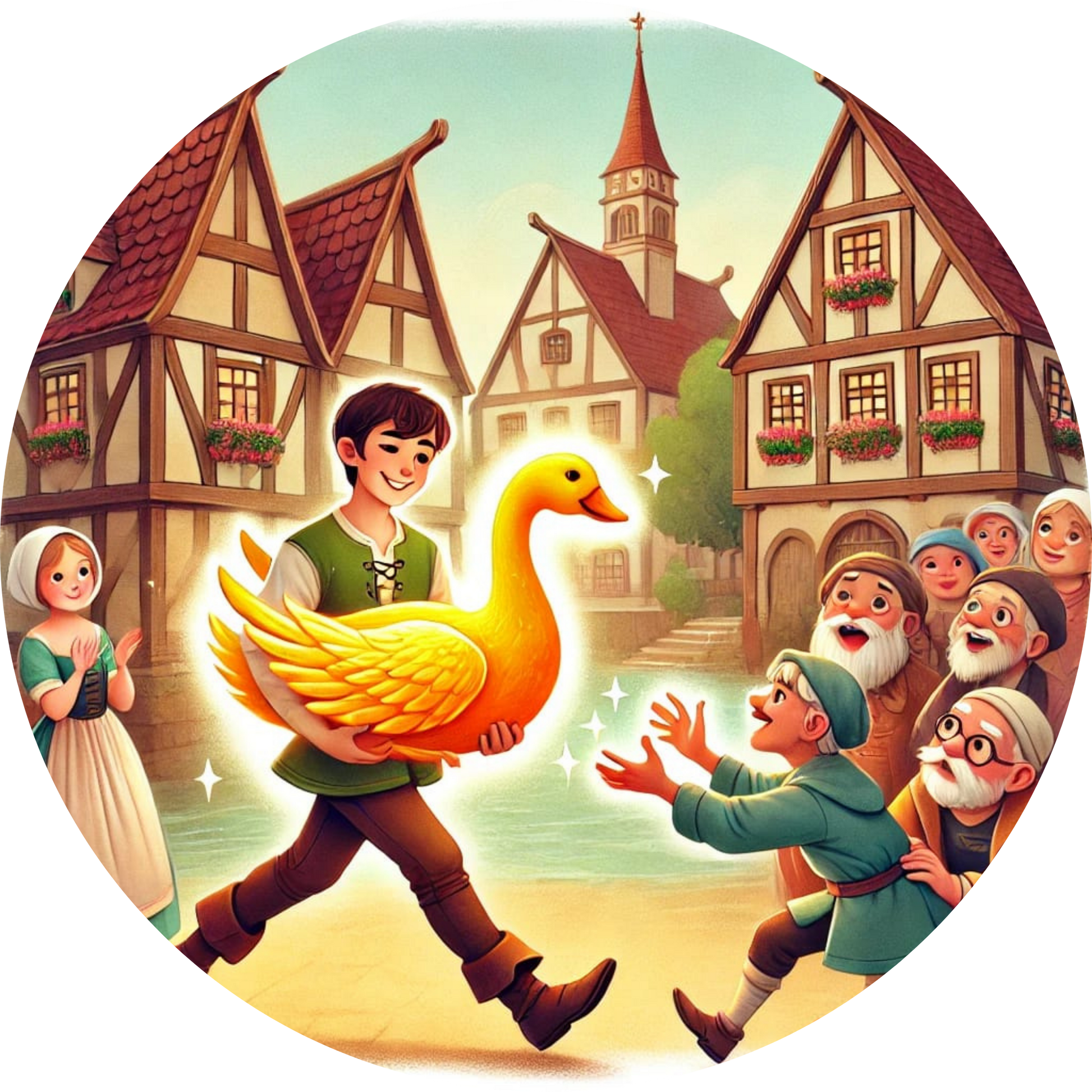 Hans im Glück trägt die Gans, Menschen folgen ihm durch ein Dorf