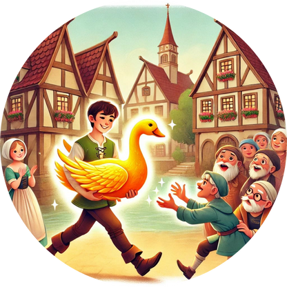 Hans im Glück trägt die Gans, Menschen folgen ihm durch ein Dorf