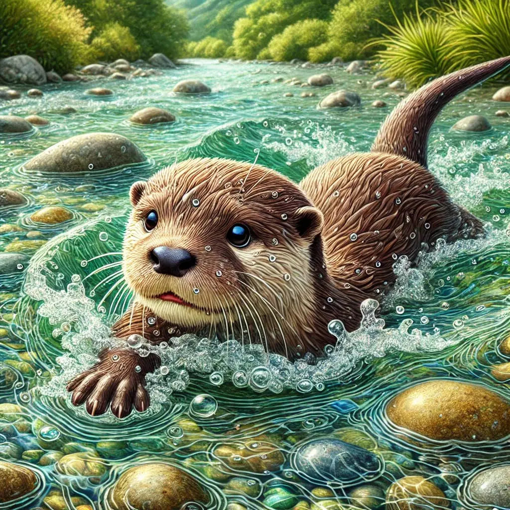 Otter paddelt verspielt durch flaches Wasser, fröhlicher Gesichtsausdruck