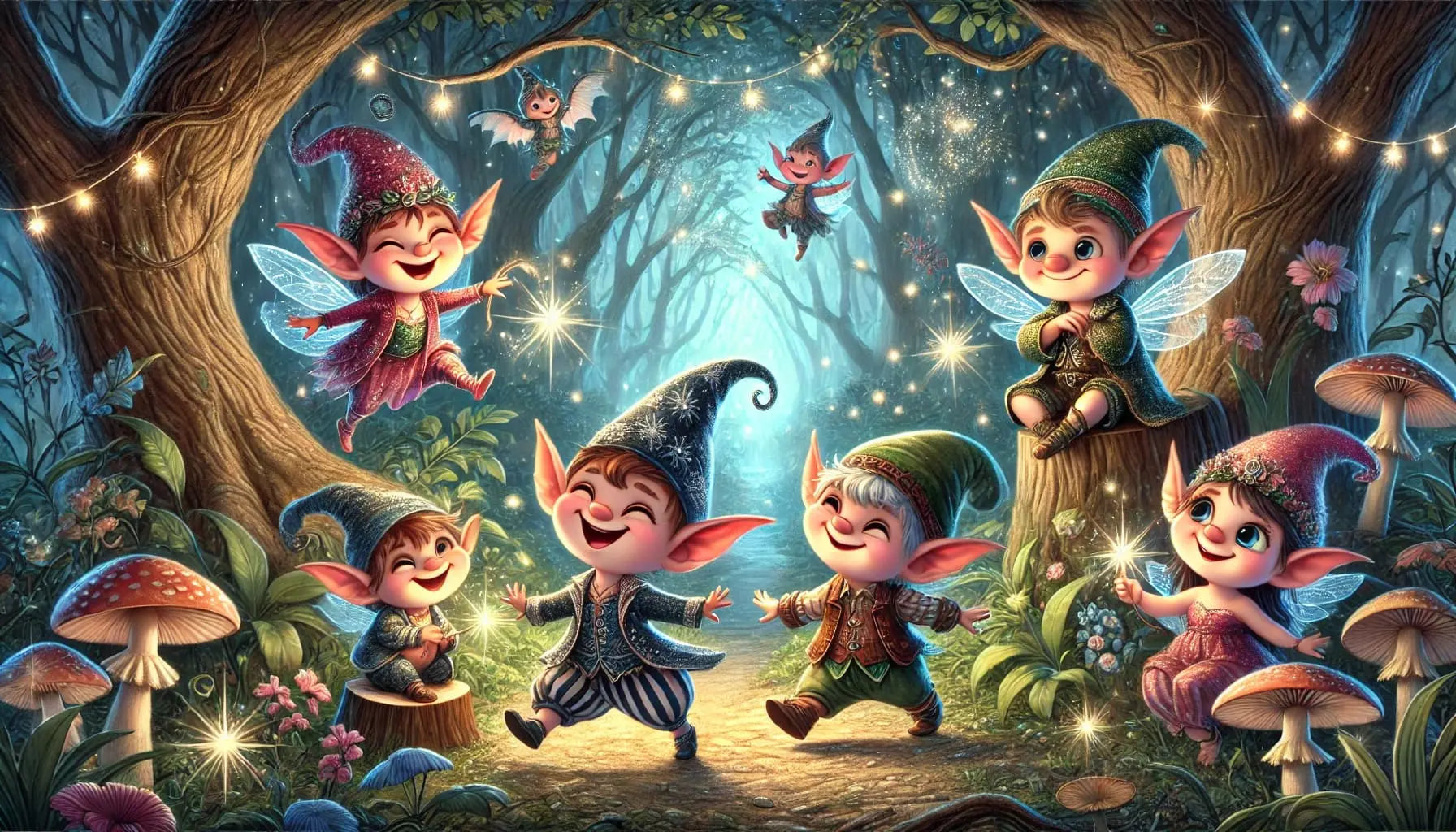 Fröhliche Kobolde oder Wichtel, feiern auf einer Lichtung mit Pilzen und bunten Lichtern