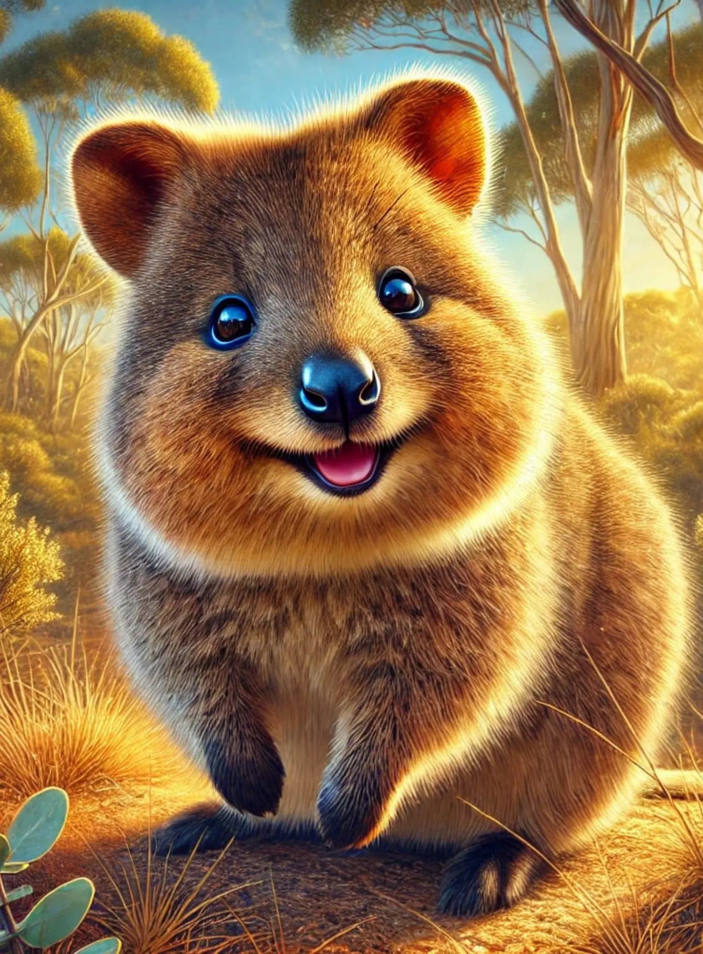 Fröhliches Quokka mit leuchtenden Augen vor unscharfem Hintergrund