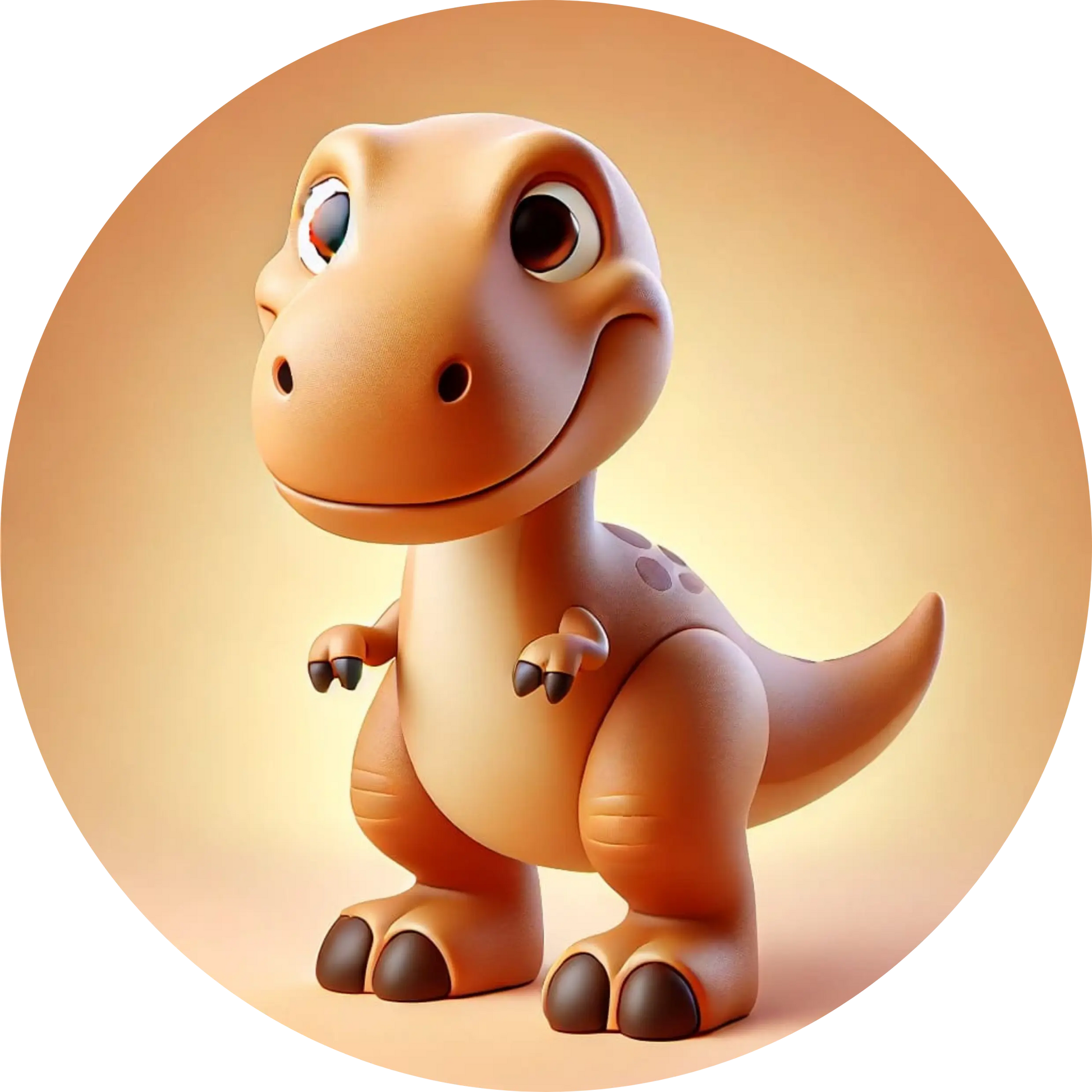 Cartoon-Dino auf rosa Hintergrund mit großem Kopf und freundlichem Gesicht