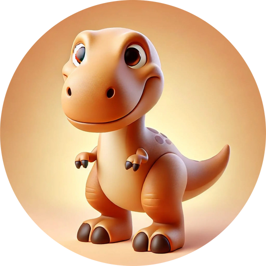 Cartoon-Dino auf rosa Hintergrund mit großem Kopf und freundlichem Gesicht