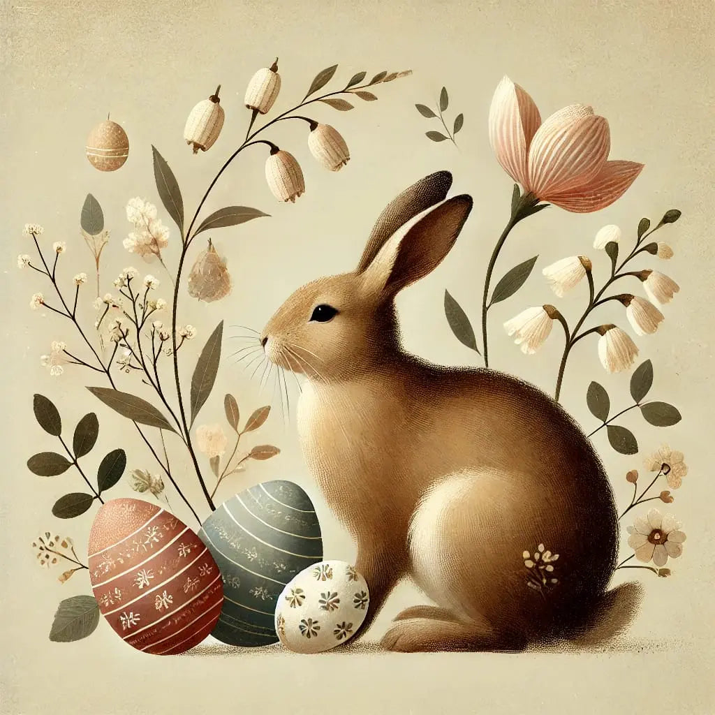 Sitzendes Kaninchen mit Ostereiern und Pflanzenmotiv, zurückhaltend und harmonisch.
