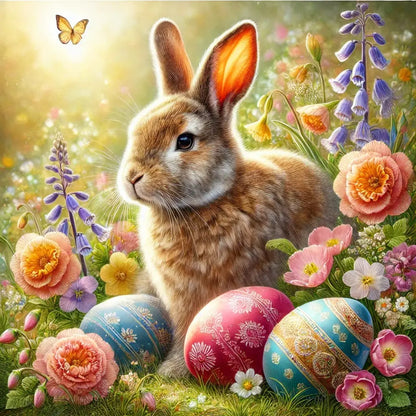 Braunes Kaninchen mit rosa Schleife, Ostereiern und floraler Umrahmung, kindlich und dekorativ.