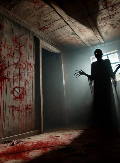 Eine geisterhafte Frau in einem verfallenen Raum, die sich langsam zur Kamera dreht. Der Moment vor dem Schrei – klassischer Haunted-House-Horror.