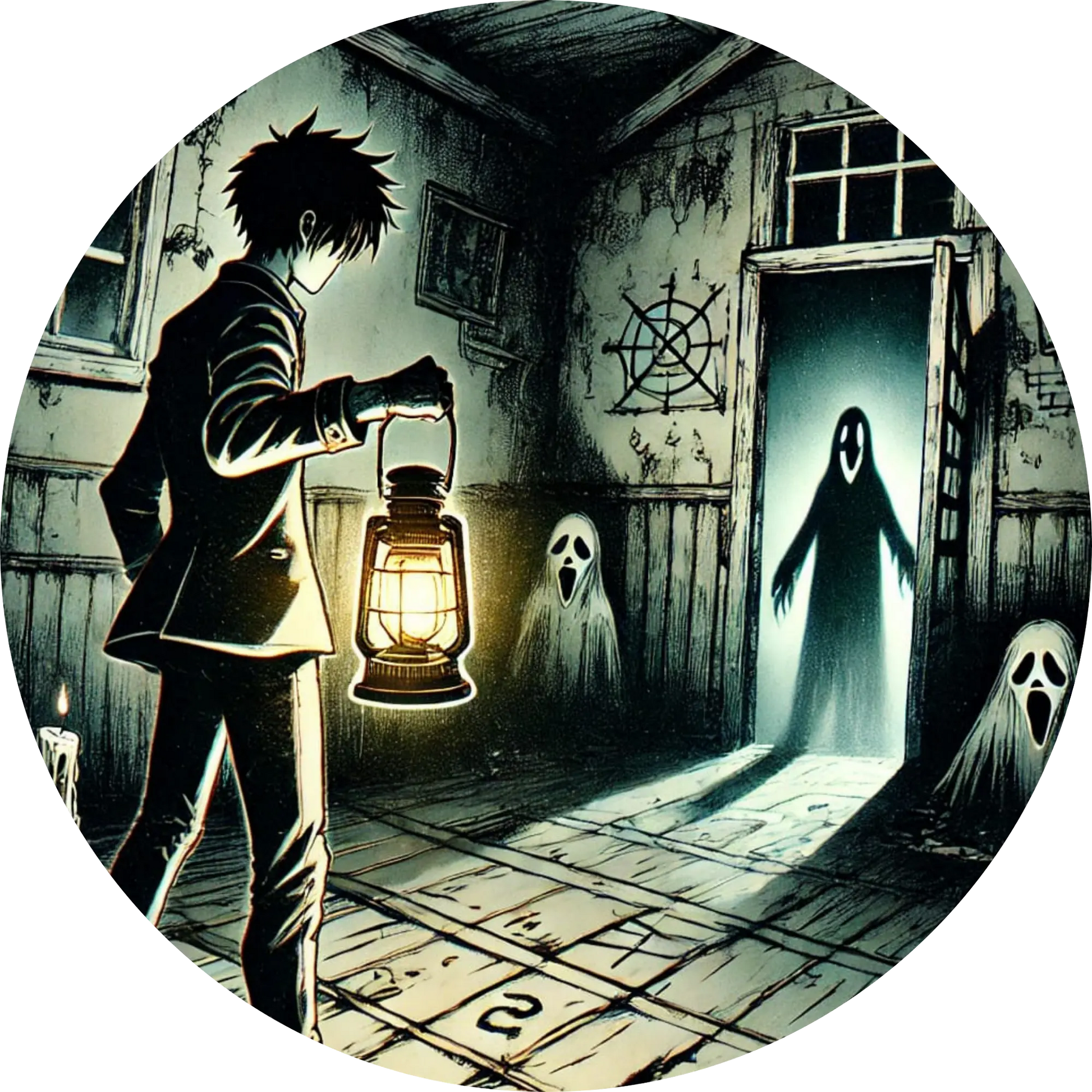 Junge mit Laterne in verlassener Schule, begegnet geisterhafter Erscheinung im Flur