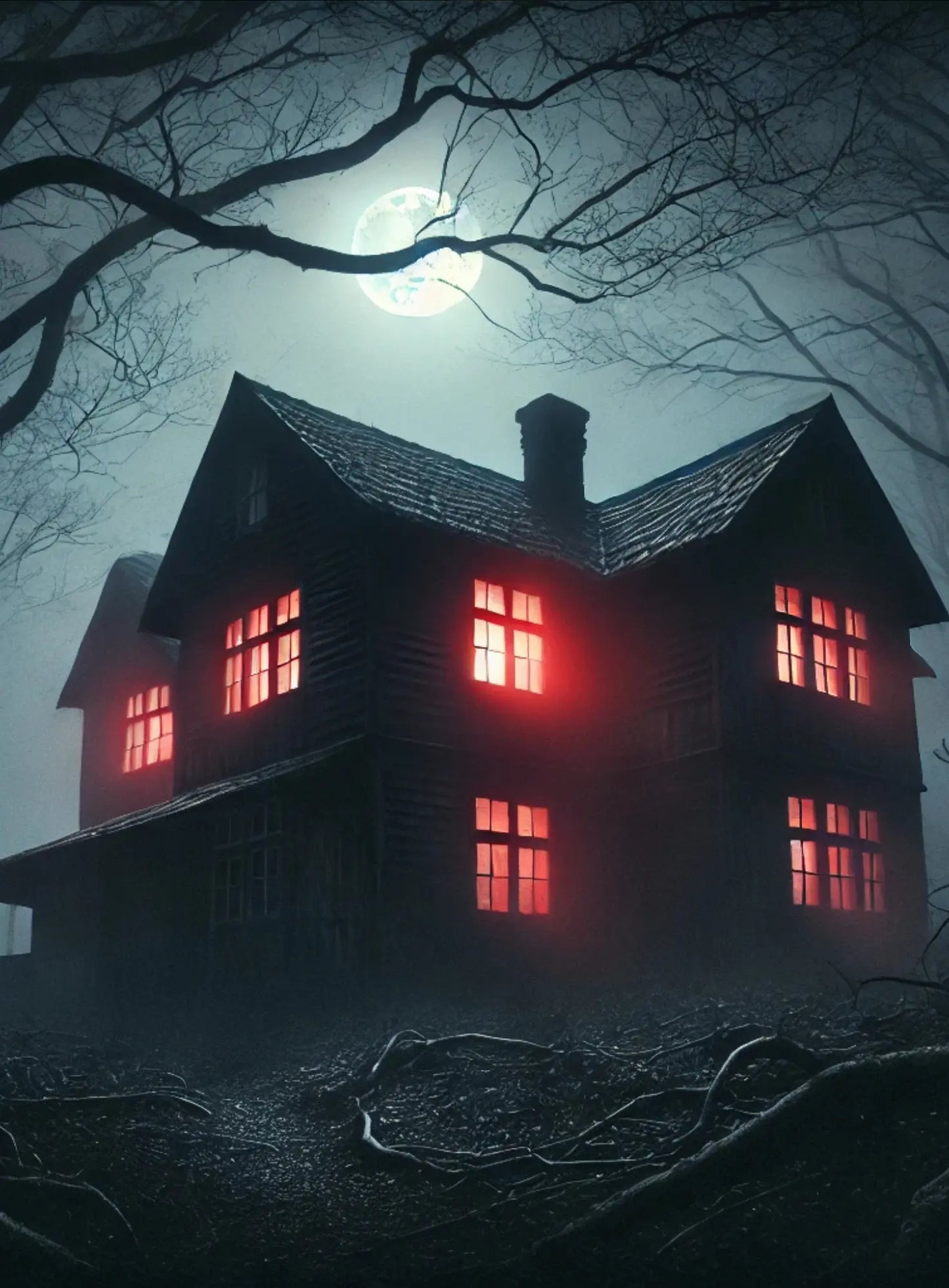 Mystisches Horrorszenario mit einem alten, düsteren Haus in der Nacht – gespenstisch rot beleuchtet mit unheimlich leuchtenden Fenstern, umgeben von Nebel und kahlen Bäumen.