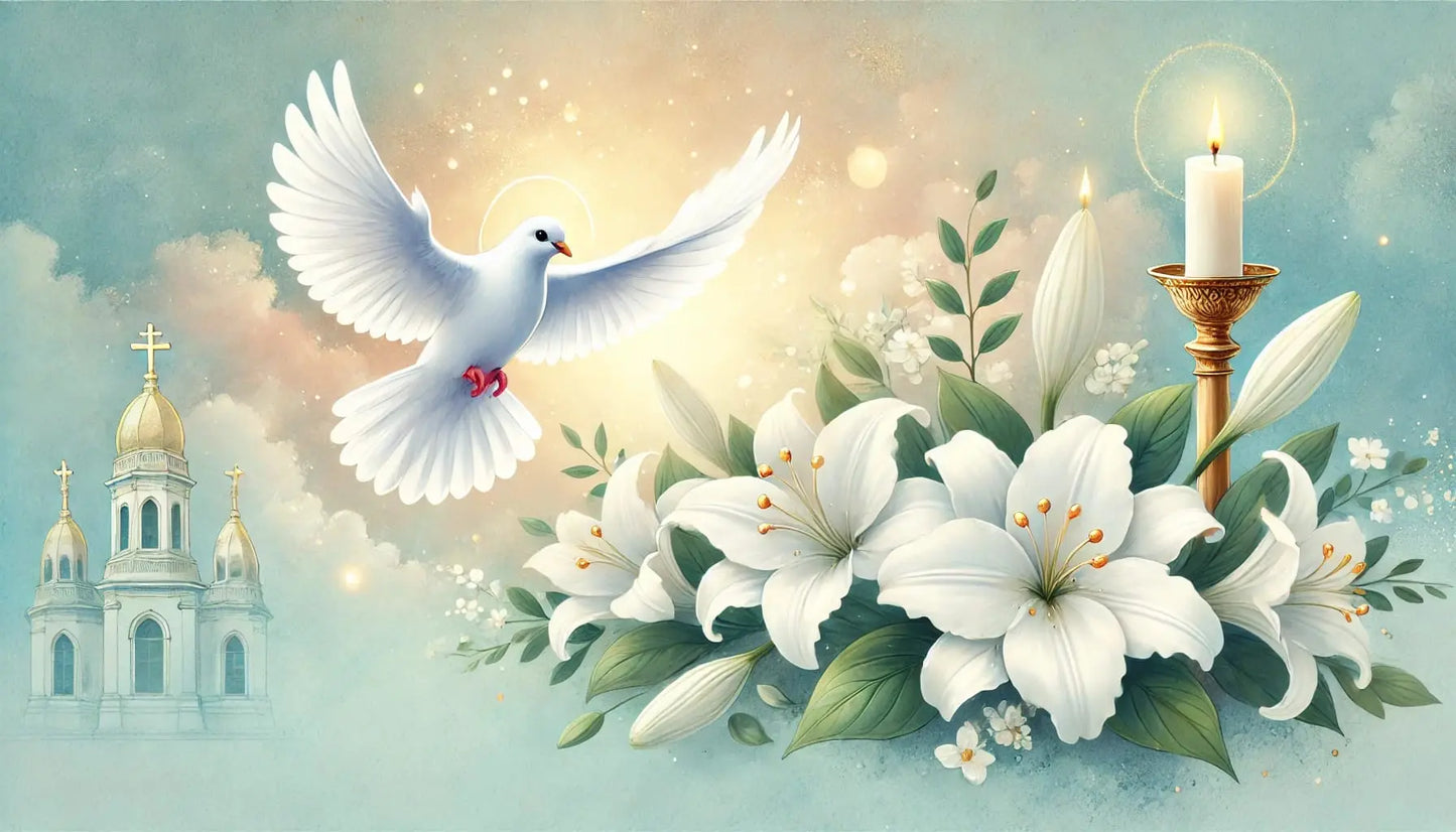 Weiße Taube mit Hostie und Lilien – klassisches Sakramentsmotiv in hellen Farben