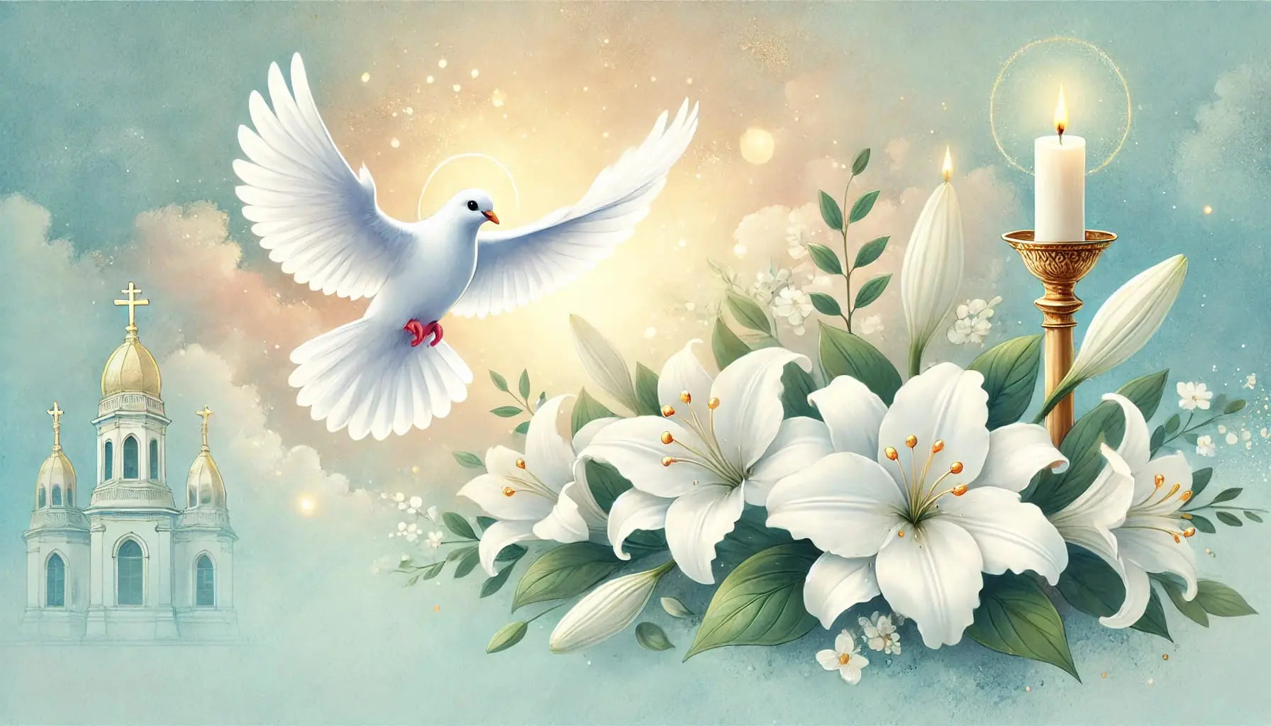 Weiße Taube mit Hostie und Lilien – klassisches Sakramentsmotiv in hellen Farben