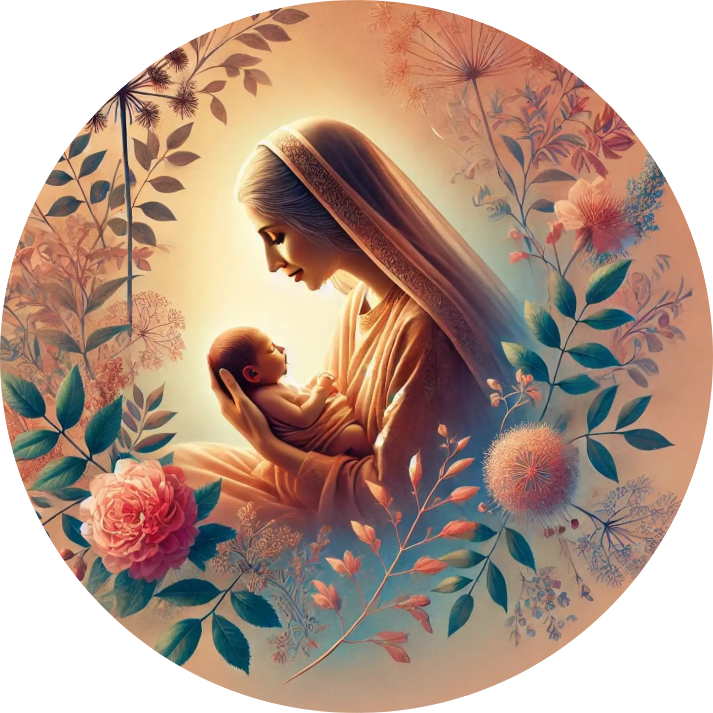 Mutter hält Baby liebevoll auf dem Schoß, in rosa-blühender Umgebung.