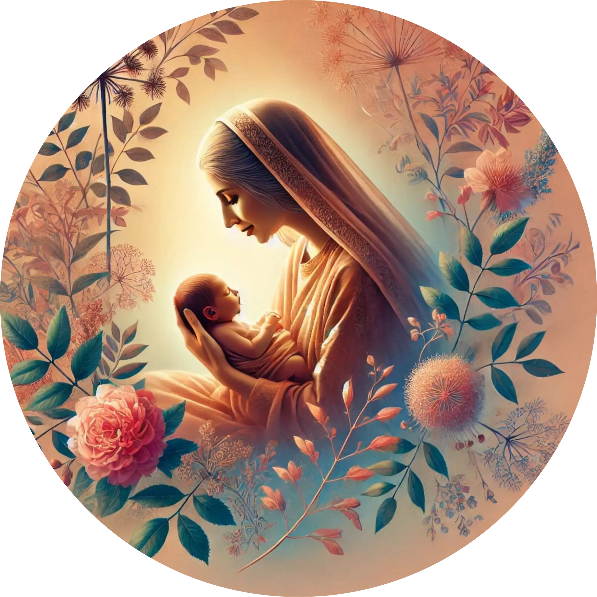 Mutter hält Baby liebevoll auf dem Schoß, in rosa-blühender Umgebung.