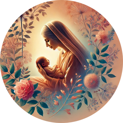 Mutter hält Baby liebevoll auf dem Schoß, in rosa-blühender Umgebung.