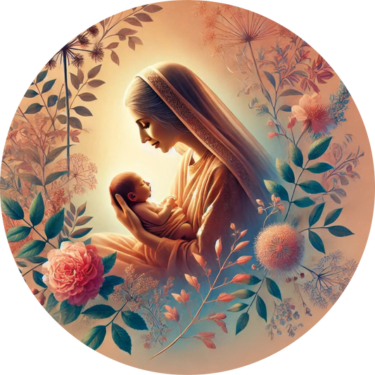 Mutter hält Baby liebevoll auf dem Schoß, in rosa-blühender Umgebung.