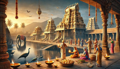 Rituelle Szene am heiligen Fluss vor prächtigen südindischen Tempelbauten – Frauen in traditionellen Saris bringen Opfergaben dar, während Lichter auf dem Wasser treiben – friedlich, spirituell und traditionsverbunden
