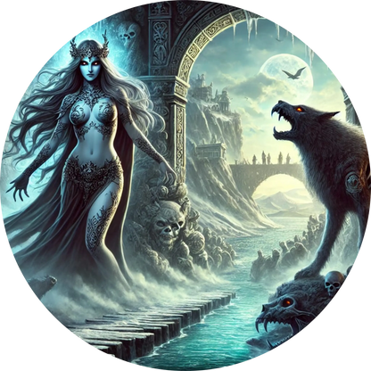 Düstere Göttin Hel aus der nordischen Mythologie steht mit einem Wolf an einem mystischen Ufer – eine Szene zwischen Leben und Tod