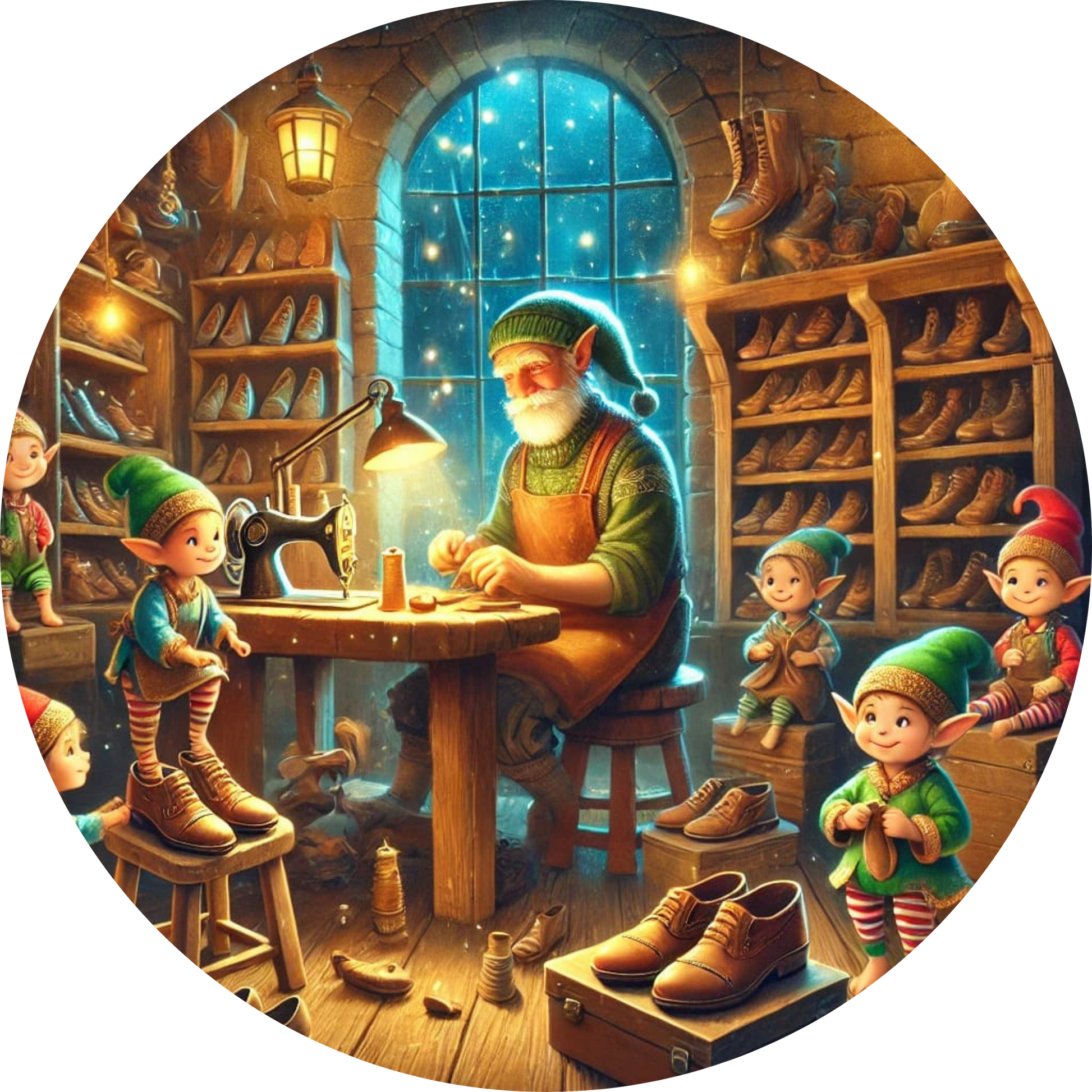 Schuhmacher mit hilfreichen Kobolden in einer gemütlichen Hütte