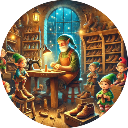 Schuhmacher mit hilfreichen Kobolden in einer gemütlichen Hütte