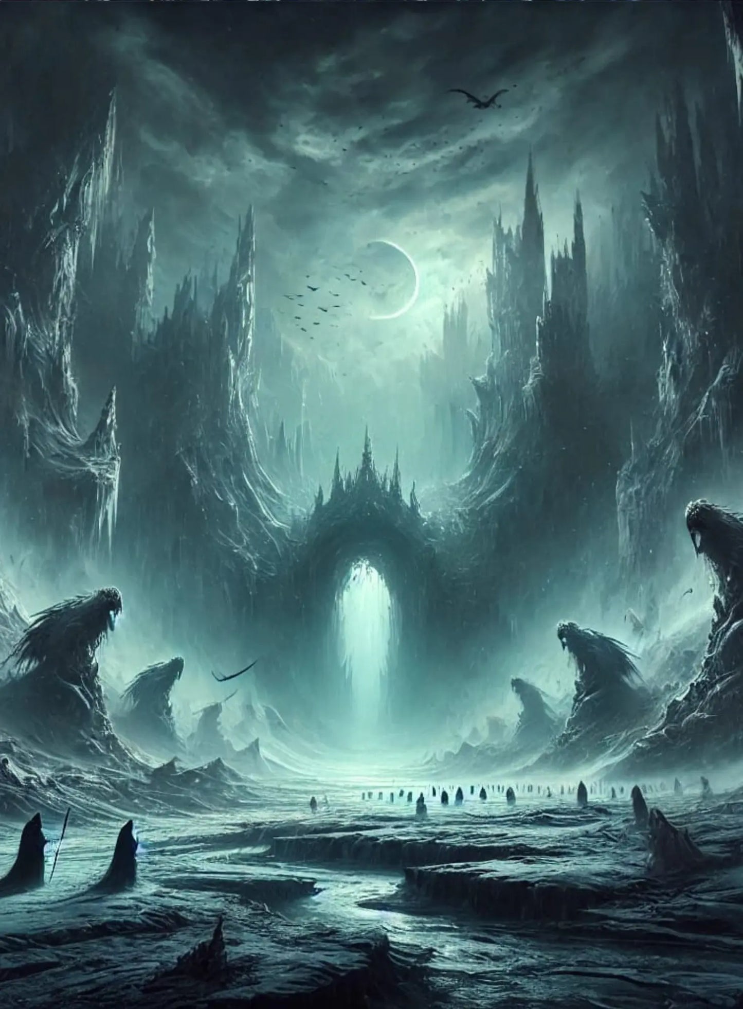 Geheimnisvolle Unterwelt mit nebliger Öffnung in der Ferne – Darstellung von Helheim oder einem magischen Ort zwischen den Welten.