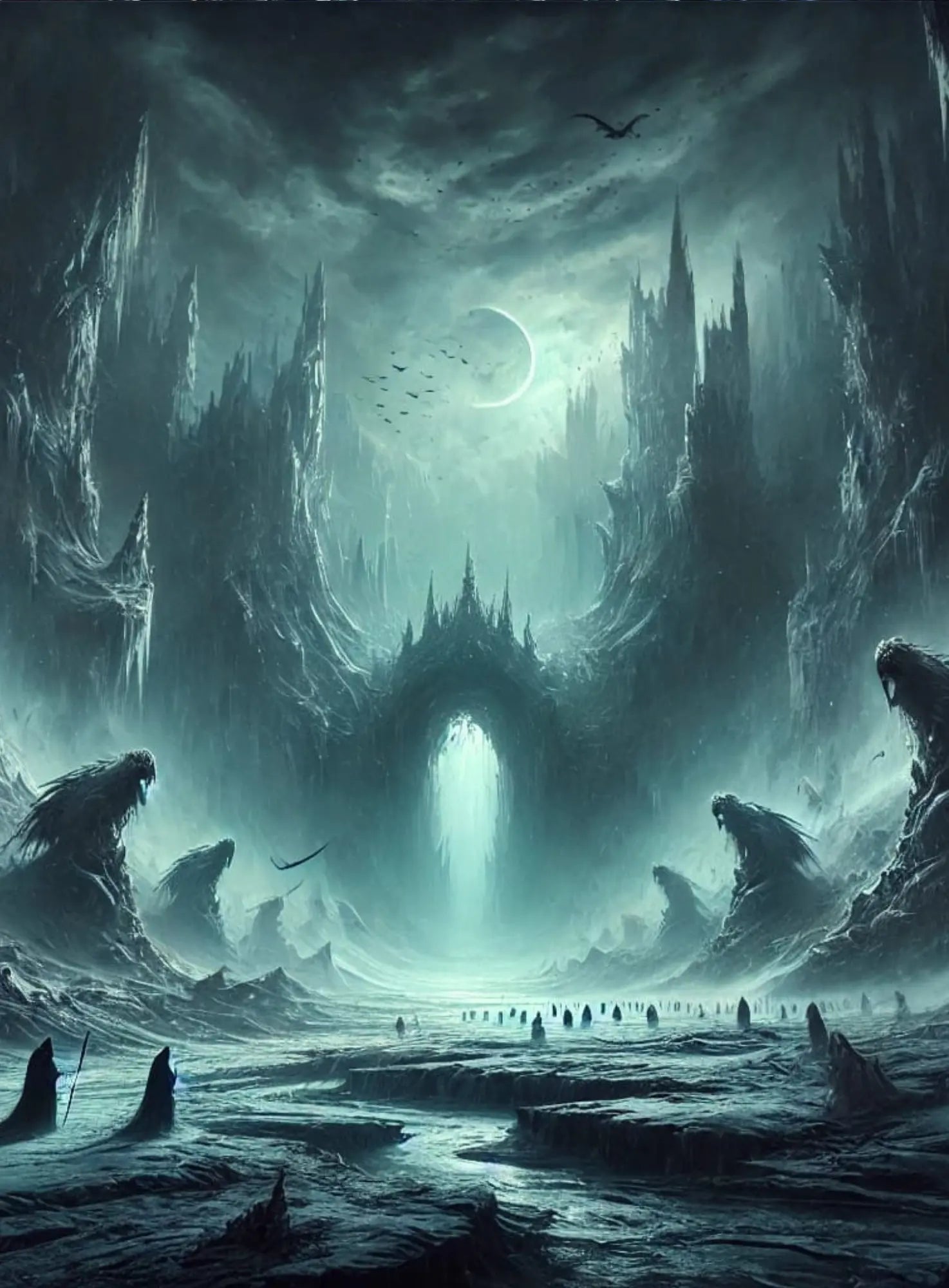 Geheimnisvolle Unterwelt mit nebliger Öffnung in der Ferne – Darstellung von Helheim oder einem magischen Ort zwischen den Welten.