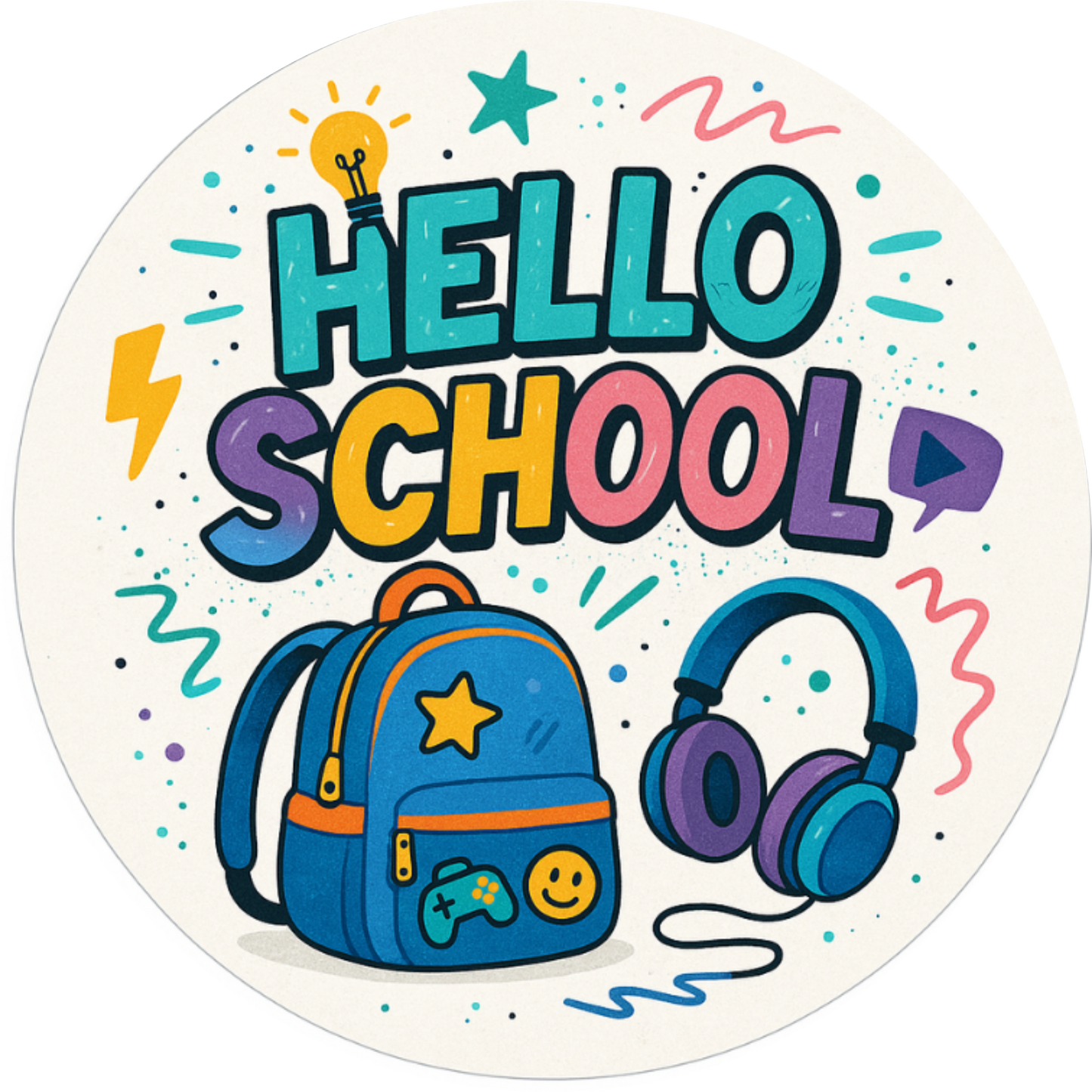 Bunter Schriftzug „Hello School“ mit Schultasche, Wecker und Lineal