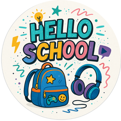 Bunter Schriftzug „Hello School“ mit Schultasche, Wecker und Lineal