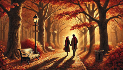 Herbstlicher Waldweg mit Sonnenlicht und fallendem Laub