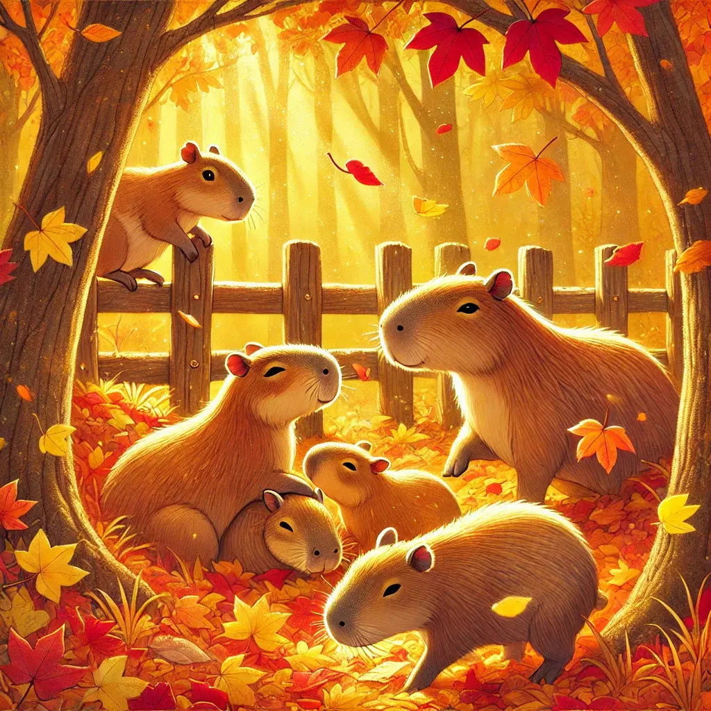 Capybara im herbstlichen Laub und weichem Licht