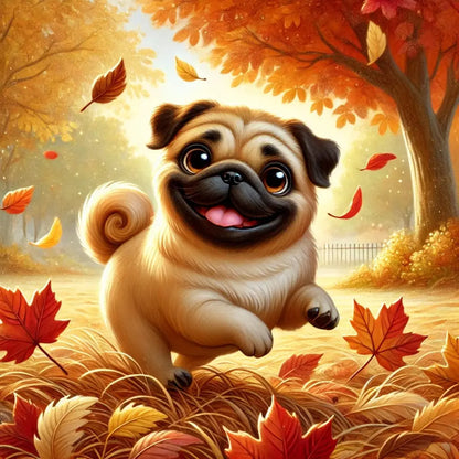 Mops im Herbstlaub mit hochgezogener Rute – fröhlich und verspielt