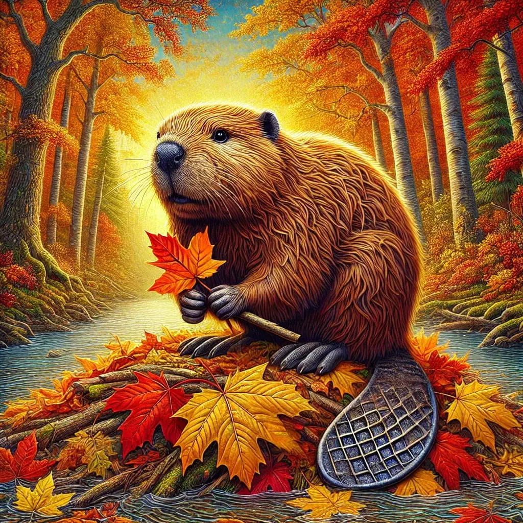 Herbstlicher Biber mit Ahornblättern auf dem Waldboden – farbenfroh und warm