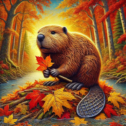 Herbstlicher Biber mit Ahornblättern auf dem Waldboden – farbenfroh und warm